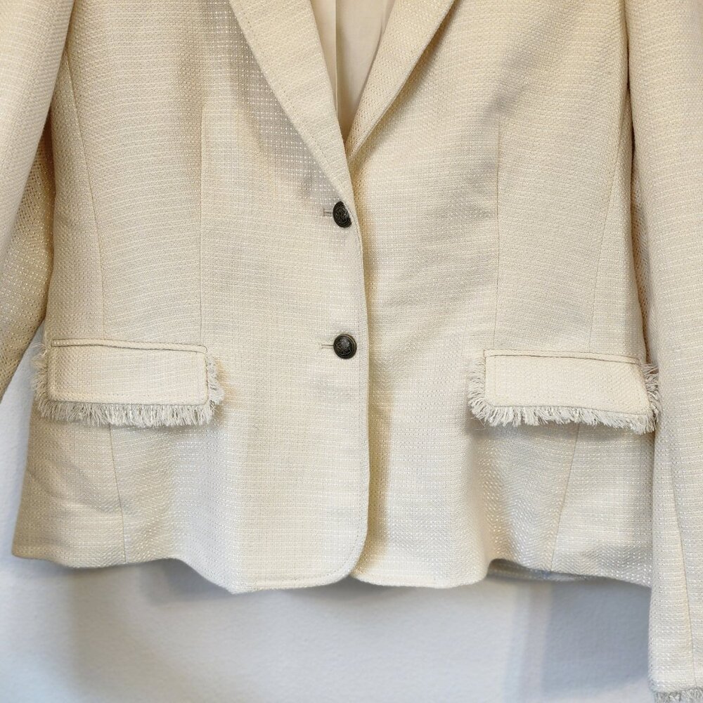 Banana Republic Ivory White Tweed Blazer with Fringe Brass Button Sz 14 Academia - Picture 7 of 16